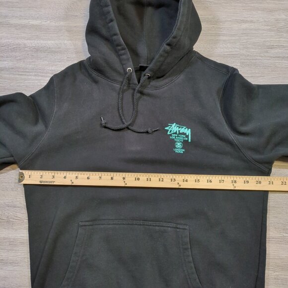 Stussy World Tour Graphic Hoodie Men's Medium Pullover Black Blue - Picture 7 of 9